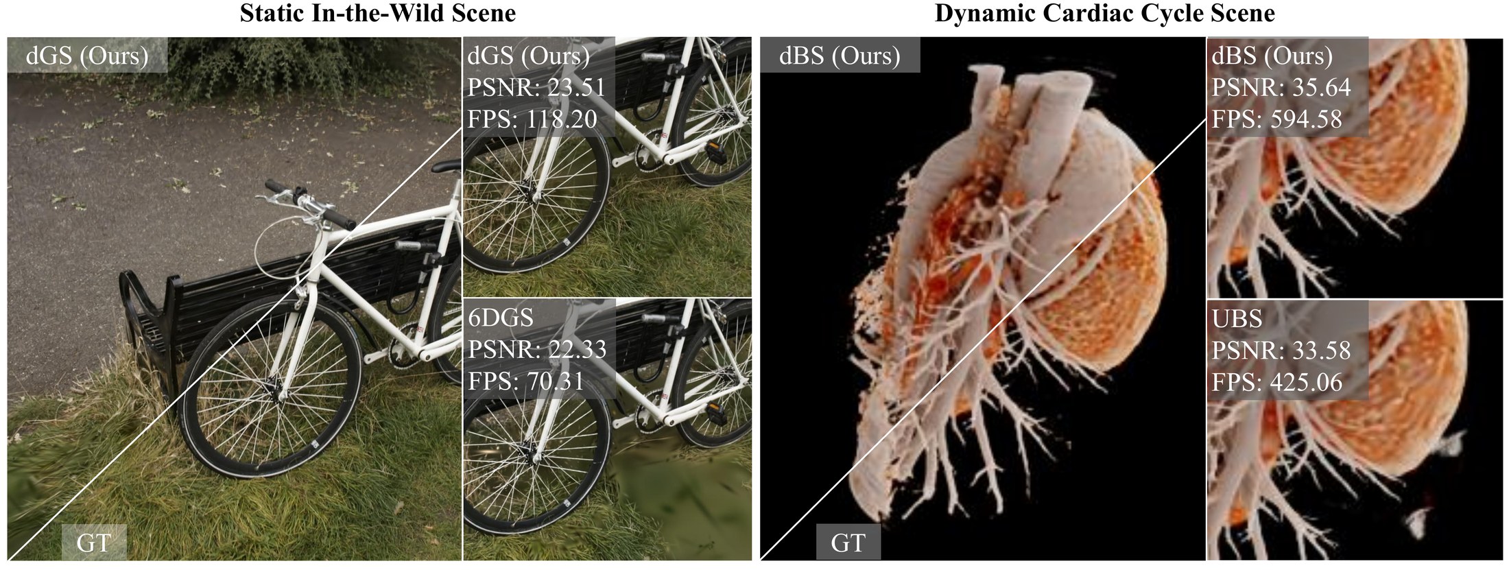 dGS vs. 6DGS on the bicycle scene and dBS vs. UBS on the dynamic heart scene